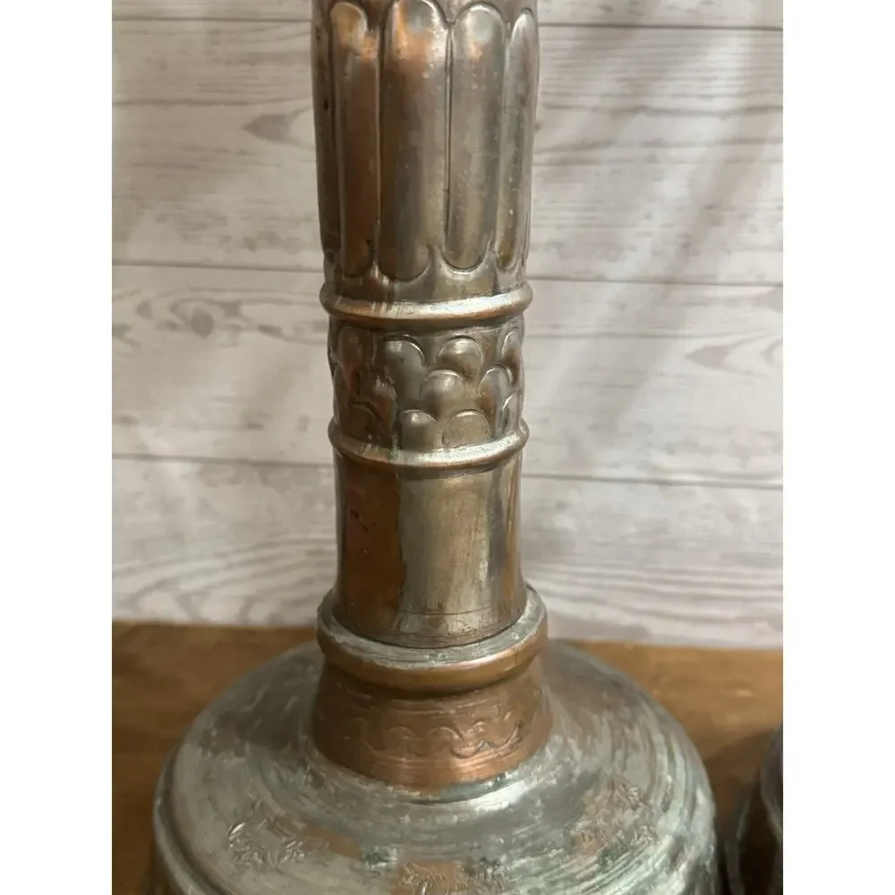 2 Large Metal Ornate Candlesticks with Handle Great Patina